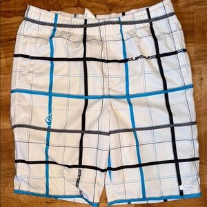 Quiksilver Men's White and Blue Plaid Swim Shorts